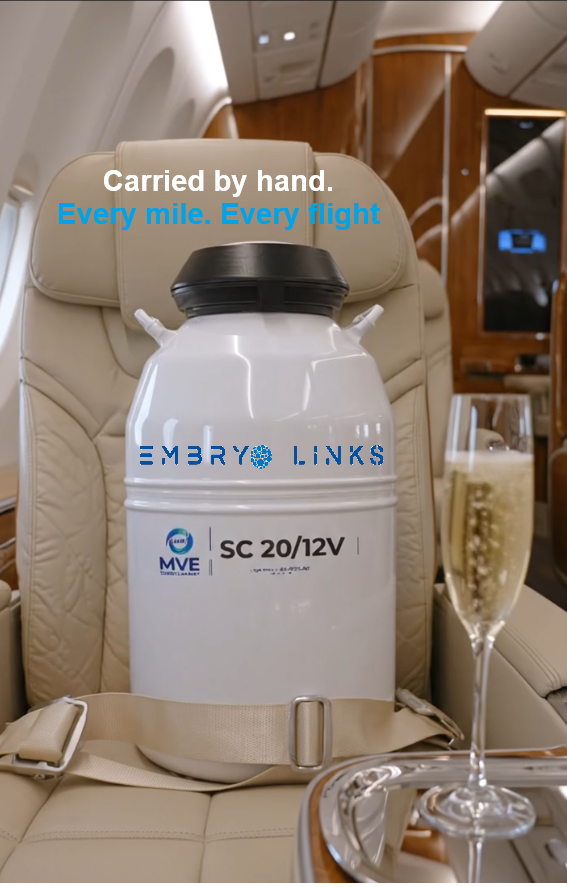 Embryo Links branded MVE SC 20/12V cryogenic tank carried in aircraft cabin